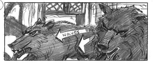 In this storyboard the wolves move into the house.