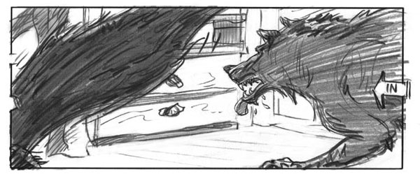 In the next image a wolf approaches a drawer.