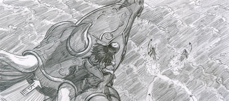 In this storyboard lucy looks over the side of the Dawn Treader to see a Sea Nymph waving at her.