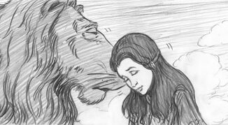 In this storyboard Lucy rests her head in Aslan's main as they bid an emotional fair well.