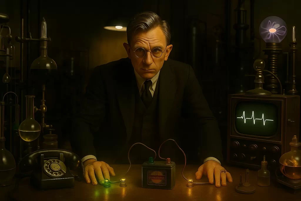 A stern-looking man resembling Daniel Craig, dressed in a dark three-piece 1950s-style suit and round glasses, leans over a wooden lab table in a dimly lit vintage laboratory. The table holds two small glowing rings—one green, one yellow—wired to a 1950s-style car battery. Surrounding him are period-accurate scientific instruments, including glass flasks, a rotary telephone, an old oscilloscope built into a television set, and a plasma globe. The atmosphere is moody and cinematic, evoking a mid-century mad scientist aesthetic.