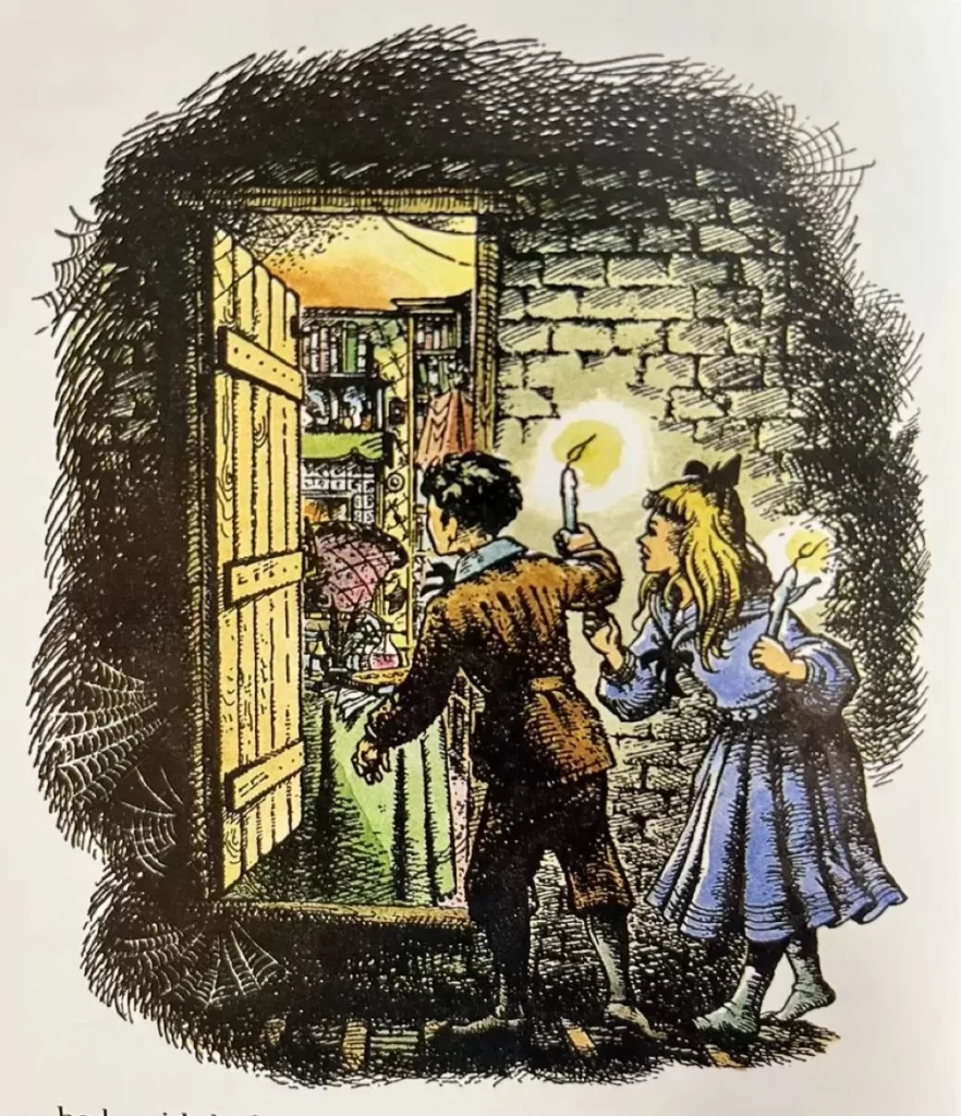 Illustration from The Magician's Nephew showing Digory and Polly holding candles as they enter a dimly lit, cobweb-covered room with bookshelves and magical items in the background.