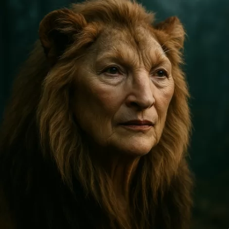 The image shows a digitally rendered portrait of a woman with distinct facial features resembling Meryl Streep, blended with lion-like characteristics. She has a golden-brown mane of thick, wavy hair framing her face, and her skin tone and texture are realistic. Her expression is calm and wise, with soft wrinkles around the eyes and mouth, and she is set against a softly lit, dark, and slightly textured background.