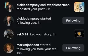 A screenshot of Instagram notifications showing that @dickiedempsey started following 8 hours ago and @markmjohnson, a producer, started following from a reel 10 hours ago