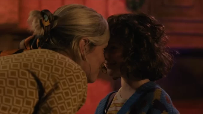 In a warmly lit, intimate close-up from 'The Stolen Girl,' Denise Gough and Beatrice Campbell press their foreheads together in a tender moment between mother and daughter.